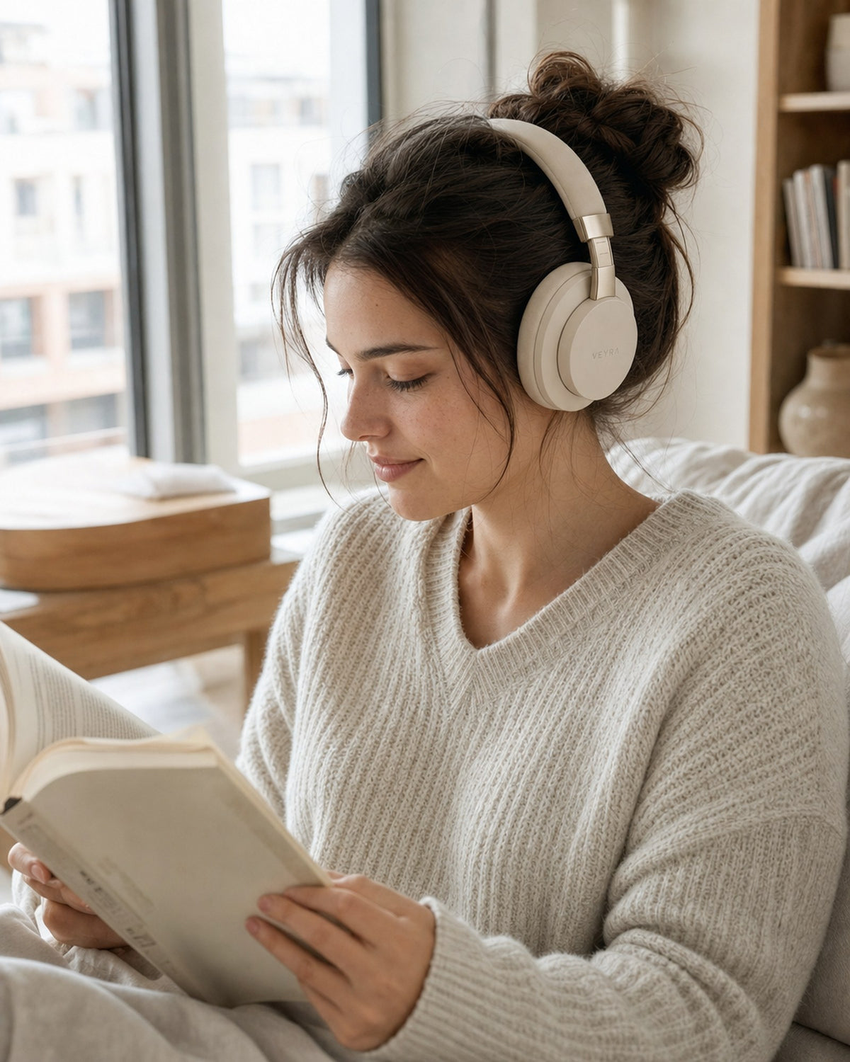 Aura Wireless Noise-Cancelling Headphones styled and in use