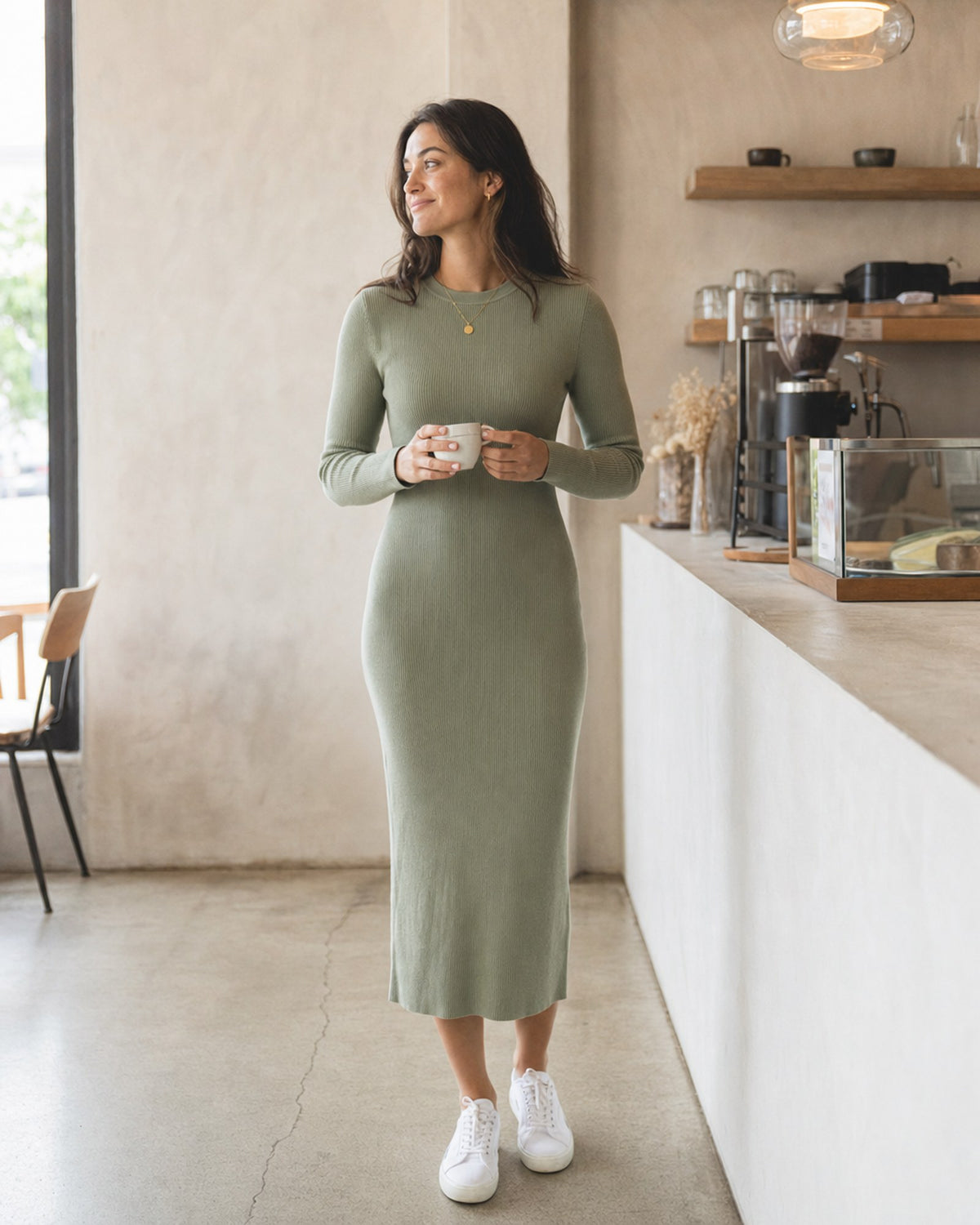 Ribbed Knit Midi Dress styled and in use